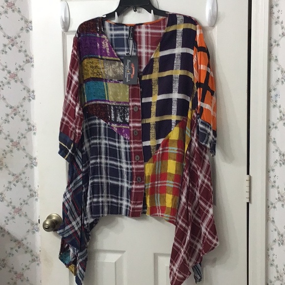 Sacred Threads Tops - New patchwork boho style asymmetrical shirt from Sacred Threads. Size S/M.